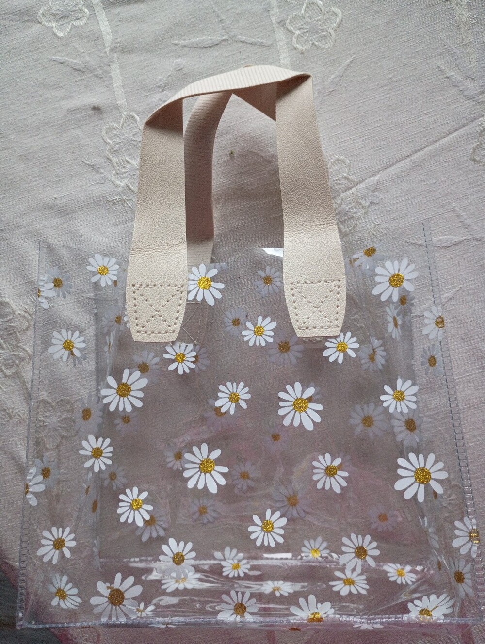 Daisy Bag Transparent Plastic Storage, Shopping W/Handles, Sturdy Bag, New